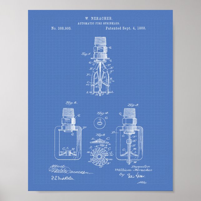 Poster Brevet Automatique Fire Sprinkler 1888 - Plan dire (Devant)