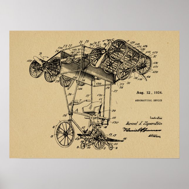 Poster Brevet d'avion à bicyclette volante 1924 Imprimer (Devant)