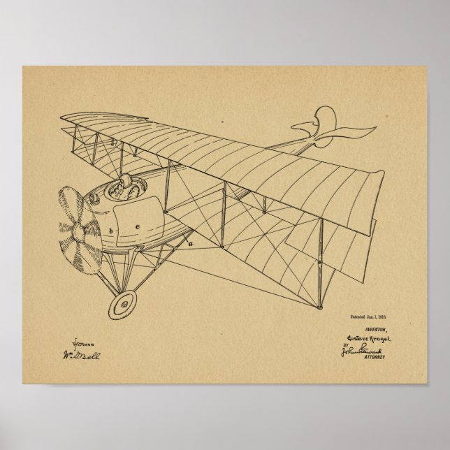 Poster Brevet d'avion Biplane 1918 Imprimer (Devant)