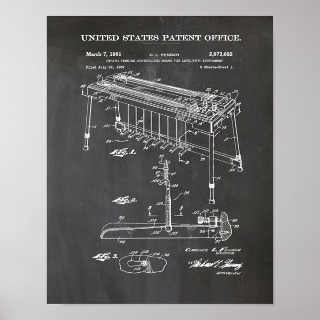 Poster Brevet de guitare Fender Steel - Cadeau de guitare (Devant)