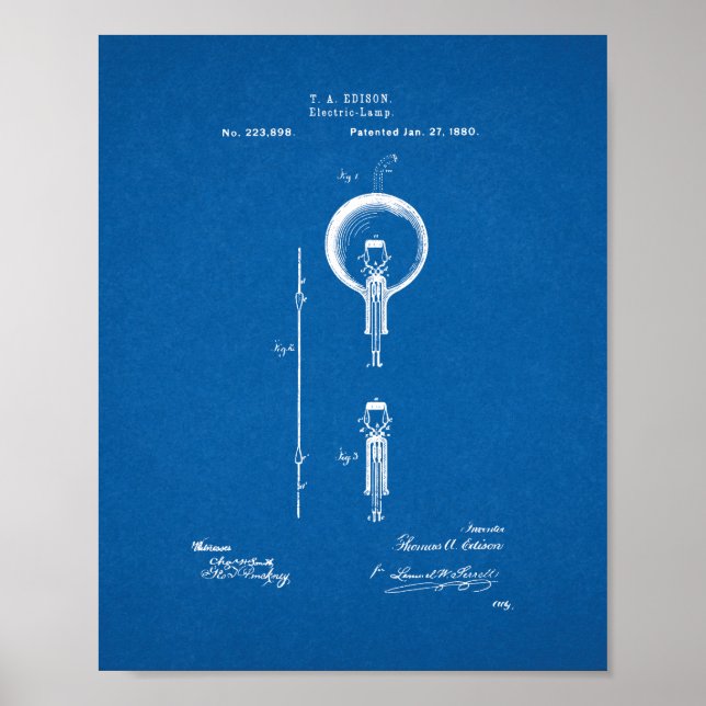 Poster Brevet de l'ampoule légère Thomas Edison - Plan di (Devant)