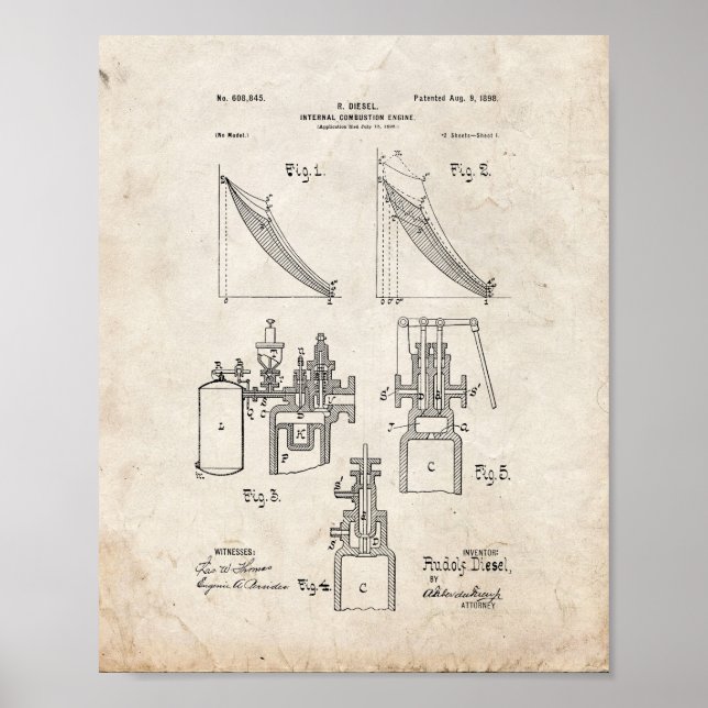 Poster Brevet de moteur à combustion interne - Vieux look (Devant)