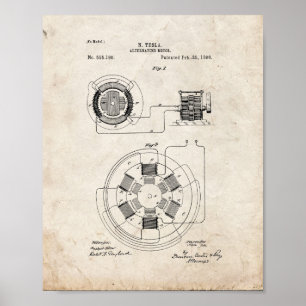 Poster Brevet de moteur alternatif Tesla - Vieux look