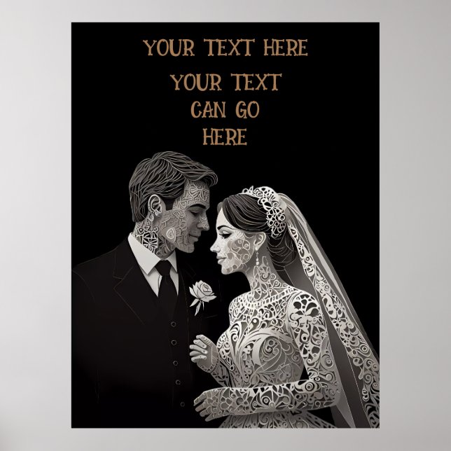 Poster Bride & Groom Delicate blanc sur noir (Devant)