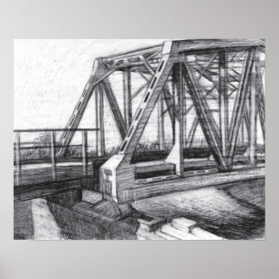 Poster Bridge old pencilart  Monochrome Black & White