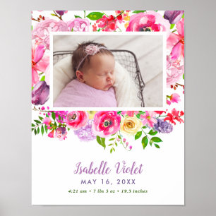 Poster Bright Blooms Baby Girl Birth Stat Photo