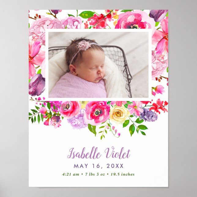 Poster Bright Blooms Baby Girl Birth Stat Photo (Devant)