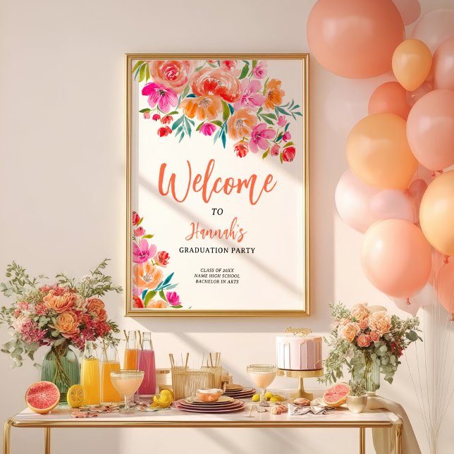 Poster Bright Floral Gras Peint À La Main Accueil Graduat (Bright Floral Bold Hand-Painted Graduation Welcome Poster)