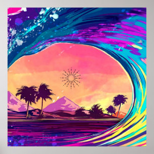 Poster Bright Neon Rolling Wave With Palm Trees