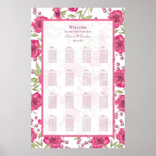 Poster Bright Pink Rose Wedding Seating Chart (Devant)