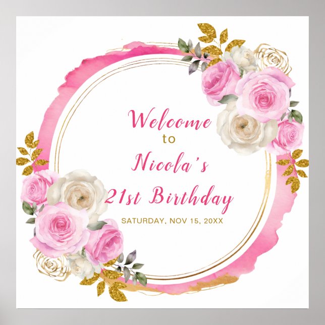 Poster Bright Rose and Gold Elegant Flowe Anniversaire (Devant)