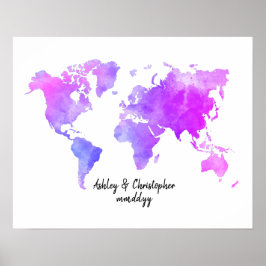 Poster Bright Watercolor Carte du monde Mariage Livre d'o