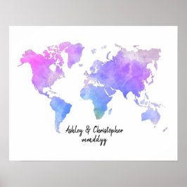 Poster Bright Watercolor Carte du monde Mariage Livre d'o