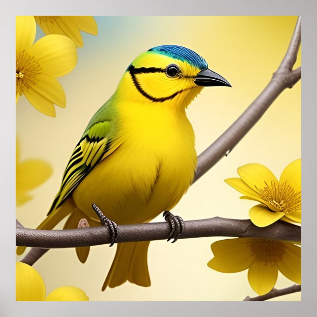 Poster Bright Yellow Songbird Perché sur une branche (Devant)
