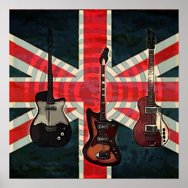 Poster British Union Jack Flag Rock Roll Electric Guitar (Devant)