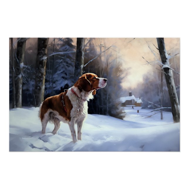 Poster Brittany Spaniel Laissez Neige Noël (Devant)