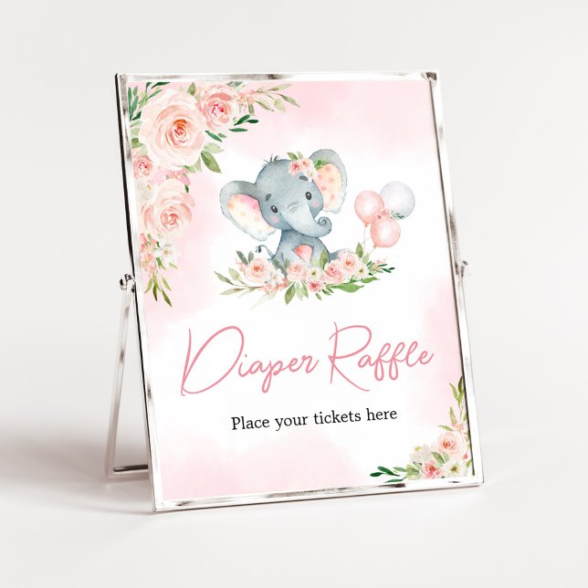 Poster Brochure à ballons rose floral (Floral Balloon Elephant Baby Shower Diaper Raffle Sign)
