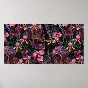 Poster Broderie crâne humain et fleurs d'orchidées roses 