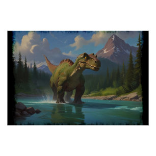 Poster Brontosaurus à la canne et plaisir fluvial