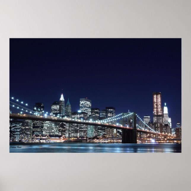 Poster Brooklyn Bridge et Manhattan Skyline la nuit (Devant)