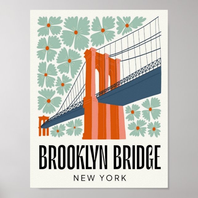 Poster Brooklyn Bridge New York Voyage abstrait floral (Devant)