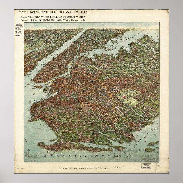 Poster Brooklyn New York 1908 Antique carte panoramique (Devant)
