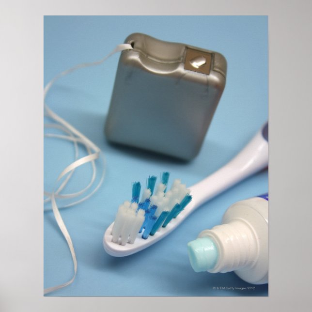 Poster Brosse à dents, dentifrice et soie dentaire. (Devant)