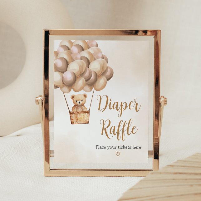 Poster Brown Bear Hot Air Balloon Baby Diaper Raffle (Boho Brown Bear Baby Shower Diaper Raffle Sign)