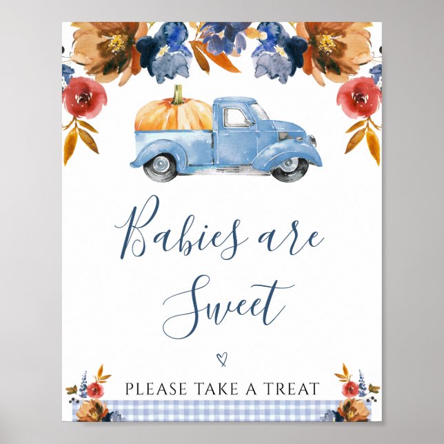 Poster Brown Blue Floral Petit Citrouille Baby shower de  (Devant)