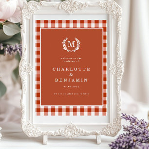 Poster Brown En vichy Monogram Crest Mariage Bienvenue