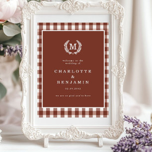 Poster Brown En vichy Monogram Crest Mariage Bienvenue