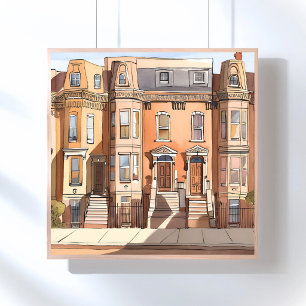 Poster Brownstones esquissés Peinture de rue à Boston