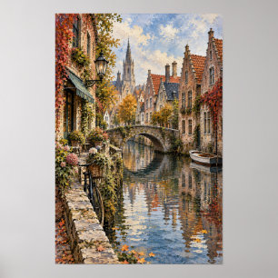 Poster Bruges Belgique Canal et Mur de Pont en Pierre Art