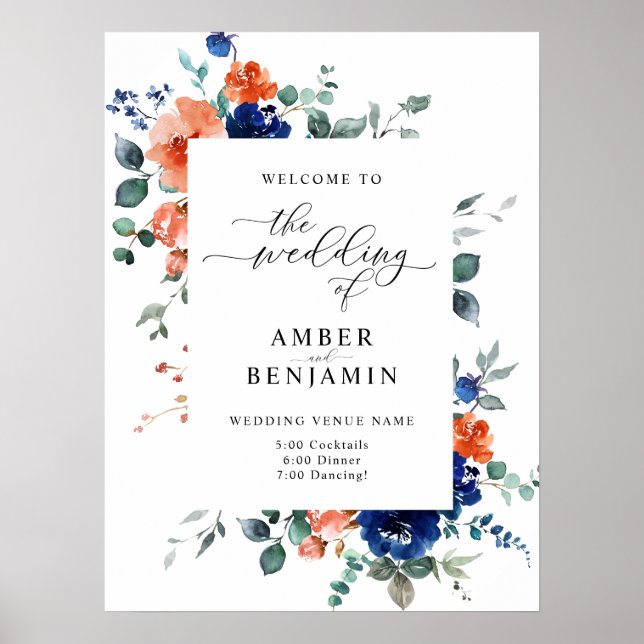 Poster Brûlé Orange bleu marine Floral Mariage Bienvenue (Devant)