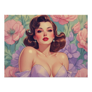 Poster Brunette Pin-Up Fleurs Pastel
