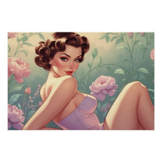 Poster Brunette Pin-Up Fleurs Pastel