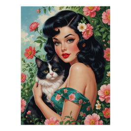 Poster Brunette Pin Up tenant Cute Cat