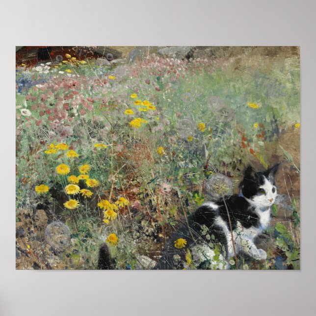 Poster Bruno Liljefors - Chat sur Flowerbed (Devant)