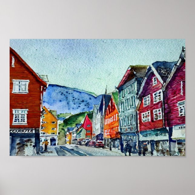 Poster bryggen bergen nordique aquarelle (Devant)