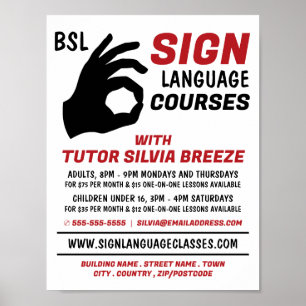 Poster BSL, OK Gesture, Cours de Langue des Signes Advert