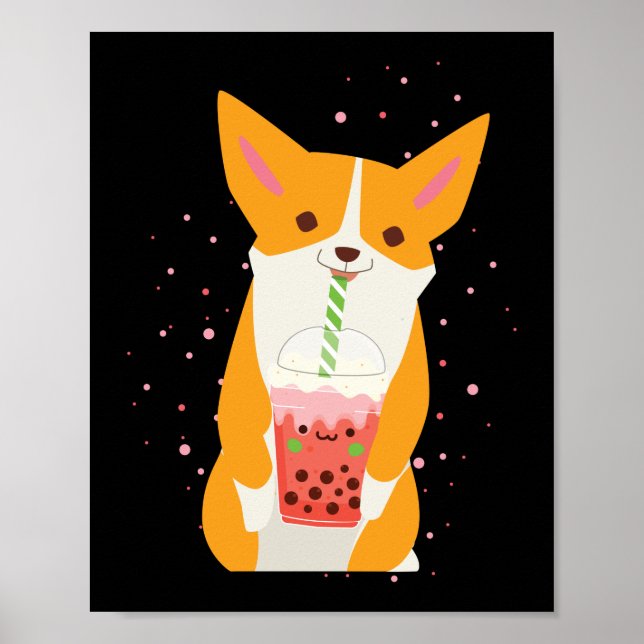 Poster Bubble Kawaii Corgi Boire Boba Tea Dog (Devant)