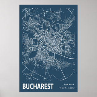 Poster Bucarest Roumanie Plan Ville Ligne Art Bleu Imprim
