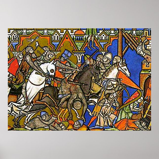 Poster Buchmalerei Mittelalter Schlacht zu Pferde (Devant)