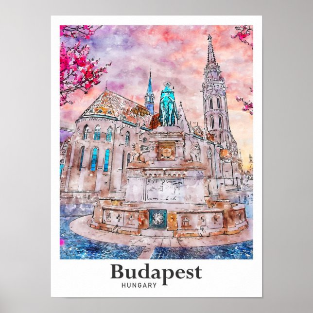 Poster Budapest Hongrie Aquarelle Voyage Main tirée (Devant)