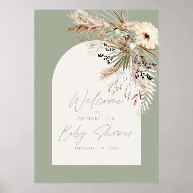 Poster Budget baby shower pampas sauge vert chic élégant (Devant)