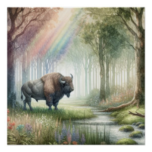 Poster Buffalo Bison Whimsical Forest Paysage Art