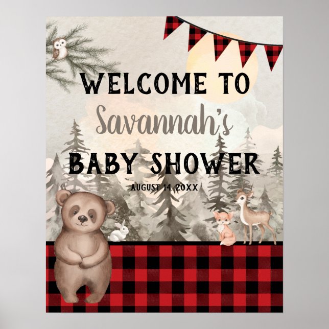 Poster Buffalo Plaid Animaux Bois Bienvenue (Devant)