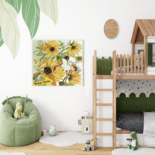 Poster Bugs dans le champ de tournesol (Bugs In sunflower field , big meeting for insect, kid's room decor)