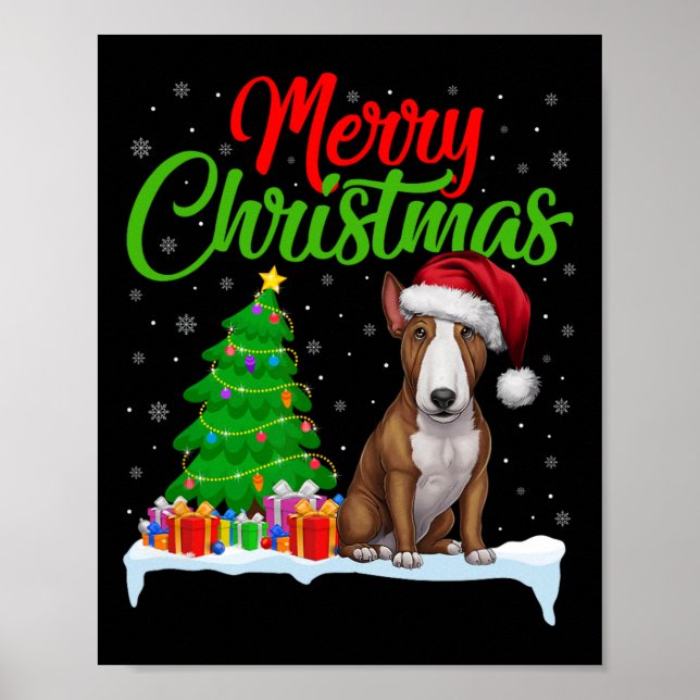 Poster Bull Terrier Chien Feux d'arbre de Noël Lumières D (Devant)