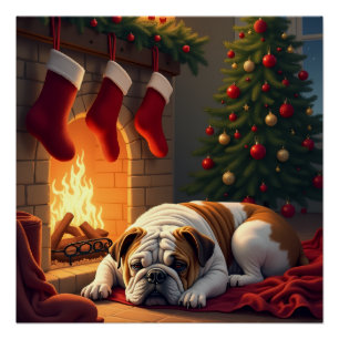 Poster Bulldog au coin du feu peinture de Noël